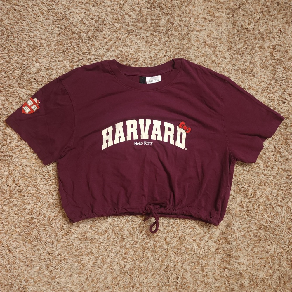 Cotton On Body T-Shirt Girls M Burgundy Hello Kitty Harvard University Crop Top